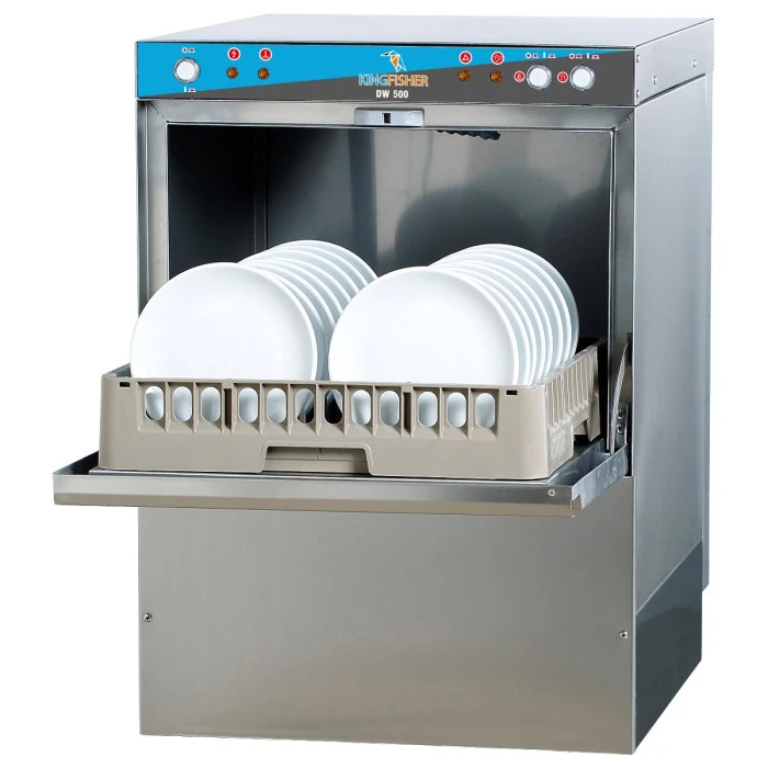 Commercial dishwasher with its door open and a rack of plates